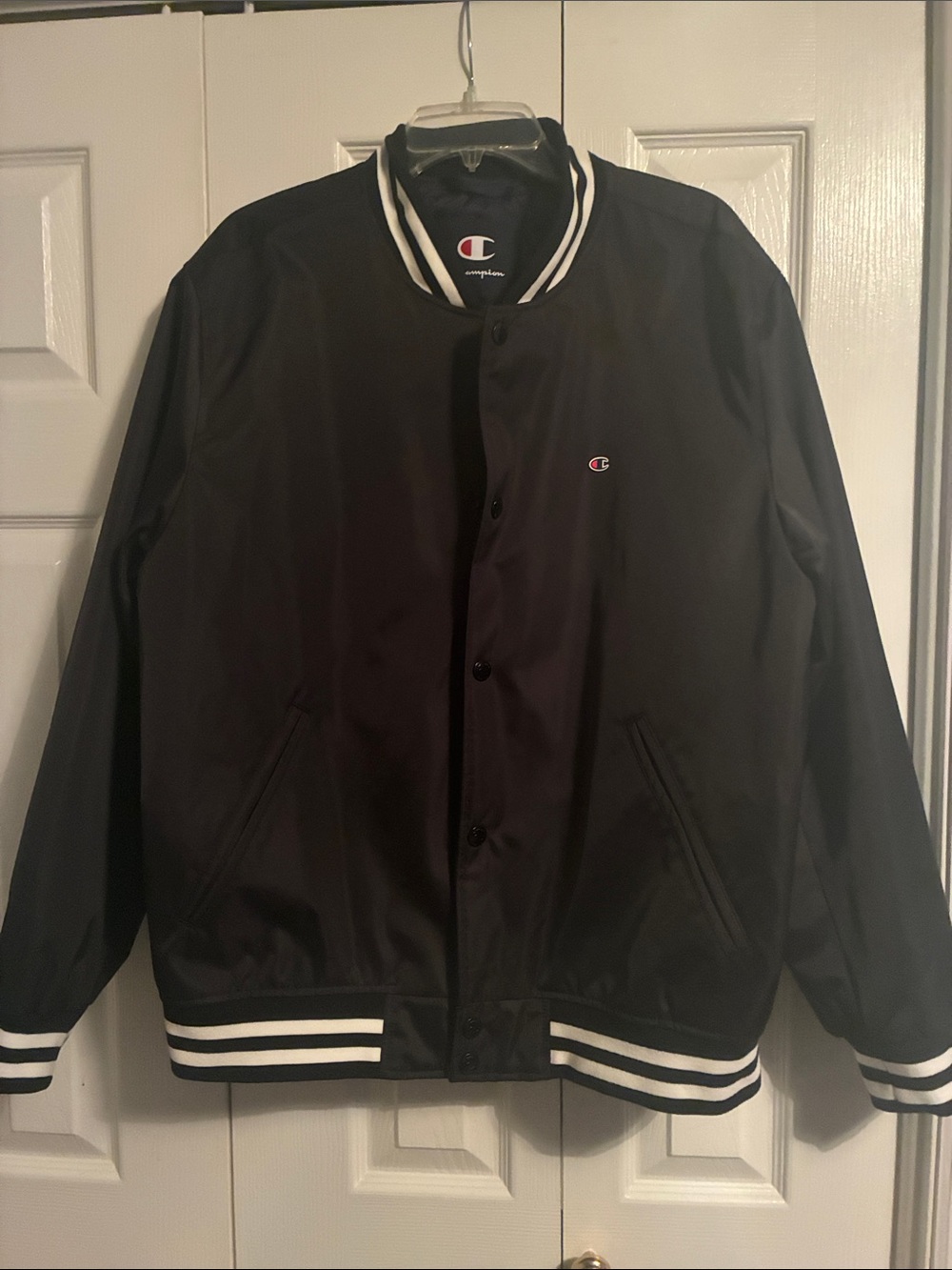 Champion Black Varsity Jacket with White Stripe Trim